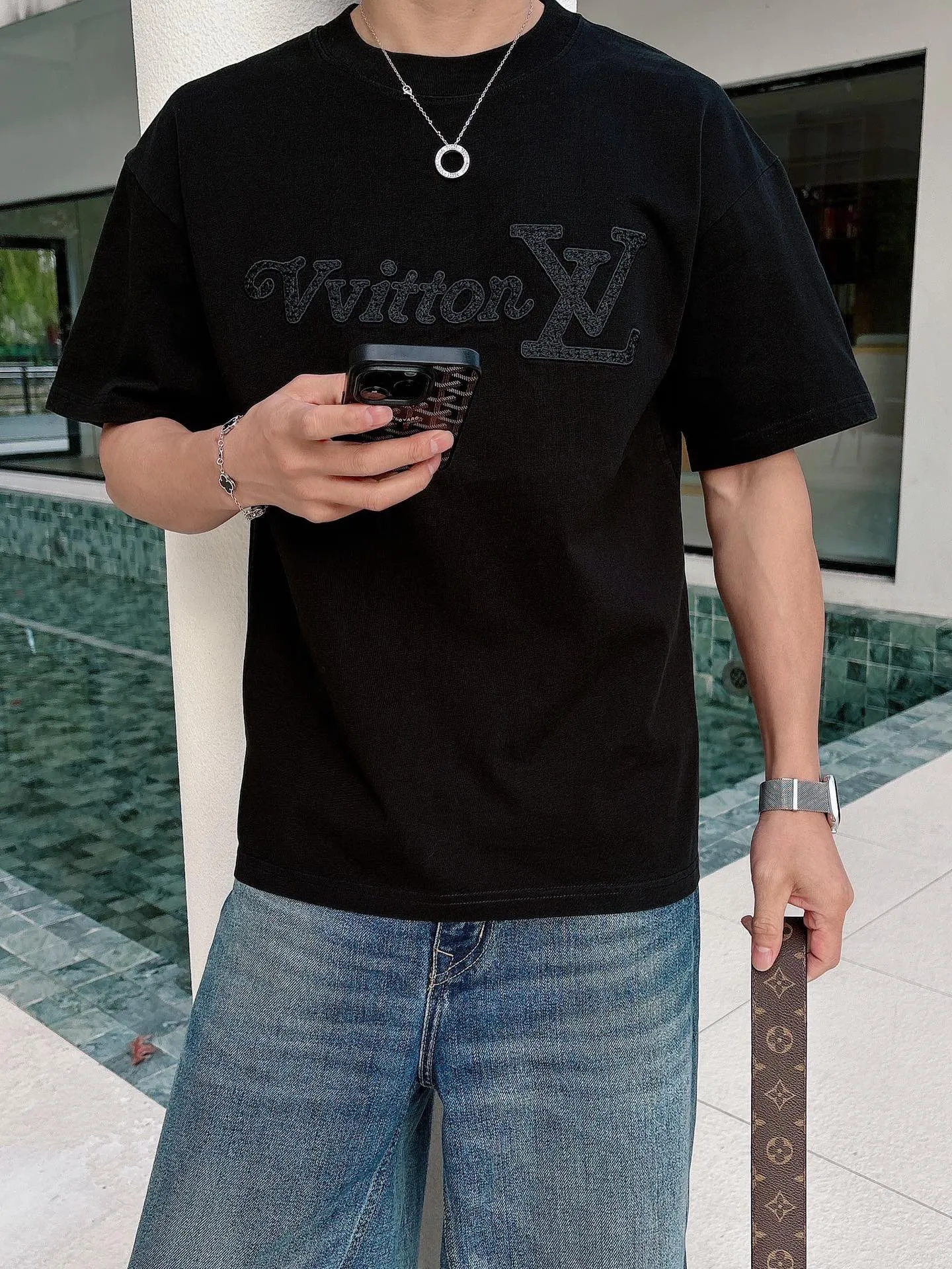 Louis Vuitton/Louis Vuitton 26ss woven letter embroidered short sleeves